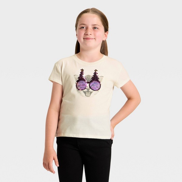 Camiseta de Manga Corta para Niña, 'Gato de Navidad' con Lentejuelas Reversibles - Cat & Jack™ Crema 2