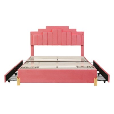 Pink Queen Upholstered Platform Bed with LED Lights and 4 Drawers, Metal Legs
