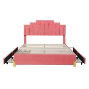 Pink Queen Upholstered Platform Bed with LED Lights and 4 Drawers, Metal Legs - 1 of 4