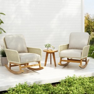 3-Piece Outdoor Patio Seating Set with Cushioned PE Rattan Rocking Chairs and Wooden Accent Table for Patio or Balcony Relaxation - MeModernLuxerax - 1 of 4