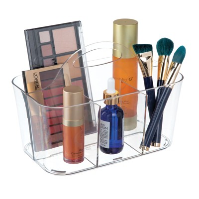 mDesign Plastic Divided Cosmetic Organizer Caddy Tote Bin with Handle -  Clear 