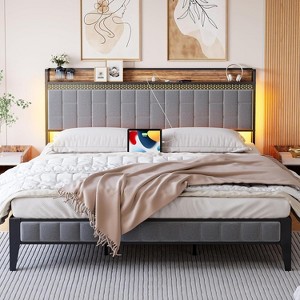 Full Size Linen Upholstered Bed Frame, Platform Bed Frame with Storage Headboard, No Box Spring Needed, Grey - 1 of 4