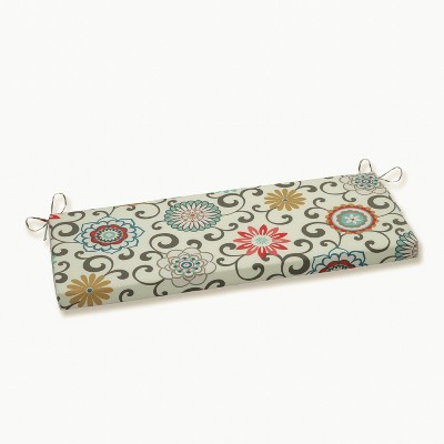 Suzani Outdoor Bench Cushion Blue/Brown - Pillow Perfect: Weather-Resistant with Ties, Zippered
