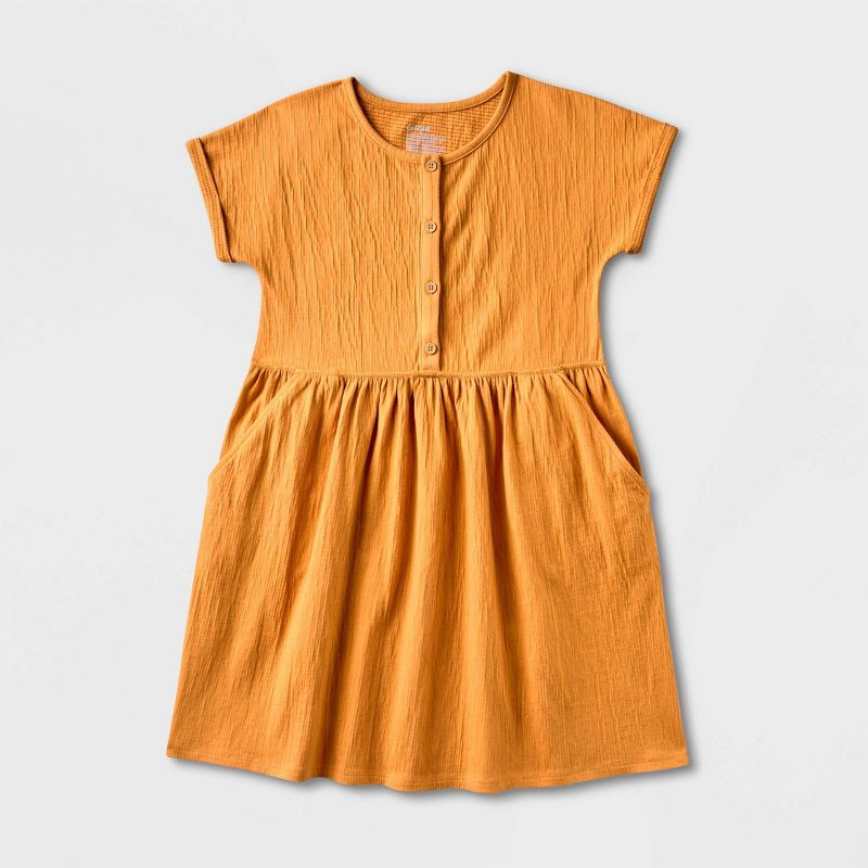 Girls' Adaptive Short Sleeve Knit Dress - Cat & Jack™ Dark Mustard Yellow, 1 of 6