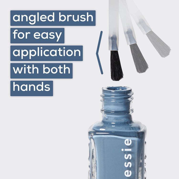 Open bottle of blue colored nail polish with an angled brush, accompanied by text stating "angled brush for easy application with both hands."