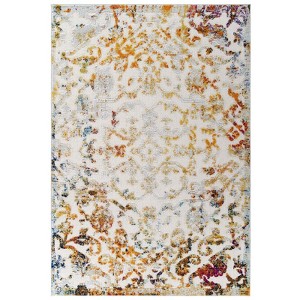 Modway Reflect Distressed Vintage Ornate Floral Lattice 5x8 Indoor and Outdoor Area Rug, 5 ft x 8 ft, Primrose/Ivory, Light Blue, Multicolored - 1 of 4