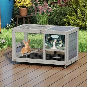 SEVOBAL Pet Crates and Houses 2 Tier Wooden Rabbit Hutch Wheels Locking Door Removable Tray for Outdoor Patio Garden Deck, Gray, 35.43"*19.7"*21.65" - 1 of 4