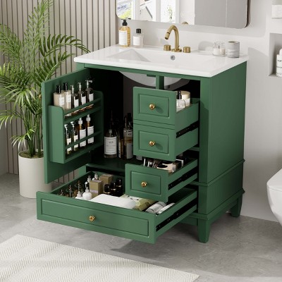 ORRD 30" Bathroom Vanity with Sink, 1 Door & 3 Drawers, Soft Close, Green