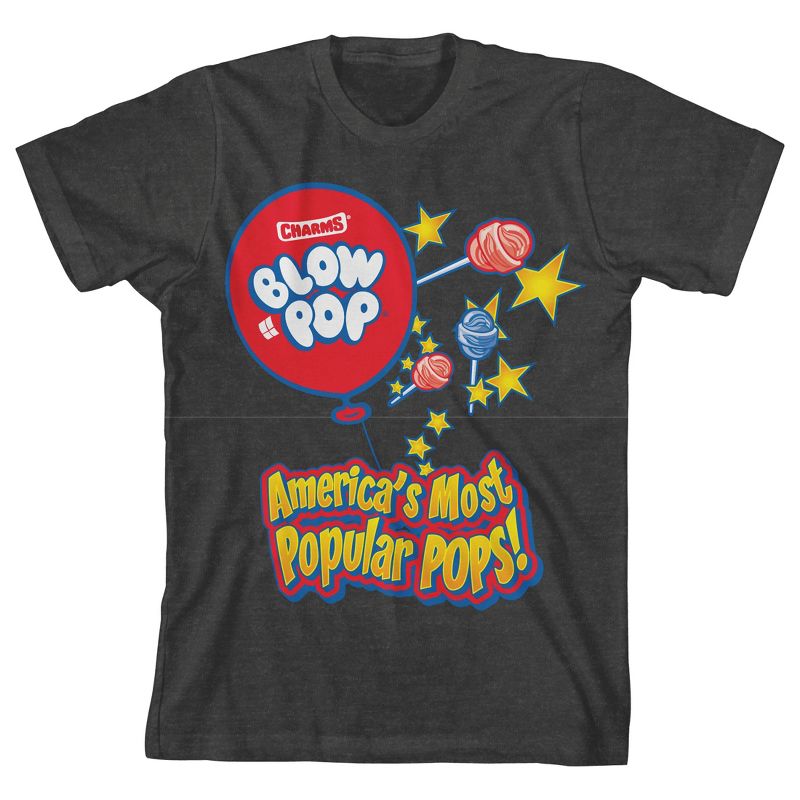 Blow Pop America's Most Popular Pops! Slogan with Lollipops and Stars Youth Charcoal Heather Tee, 1 of 4