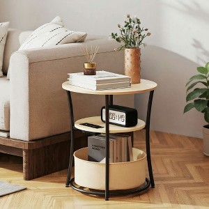 Resenkos 3-Tier Round End Table with Charging Station, Fabric Storage Bag, Adjustable Foot Pads, Assembly Required, Natural Wood Brown - 1 of 4