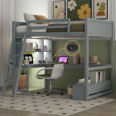 TIRAMISUBEST Full Size Loft Bed with L-shaped Desk, LED light and USB Charging Station, Wooden Loft Bedframe with Storage Bench with 2 Drawers