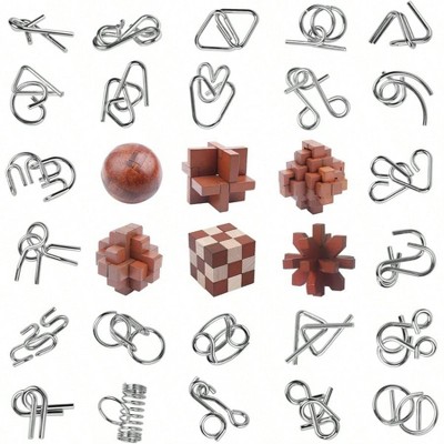 30pcs Brain Teaser Puzzles for , Wooden Metal 3D Educational IQ Logic Toys Family Games Party Favors