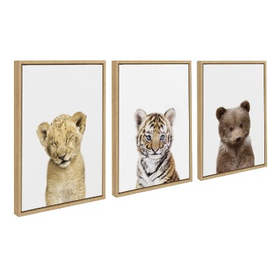 Natural Wood Framed Canvas Set with Lion, Tiger, and Bear Prints