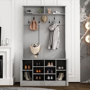 Famapy Wood 3-in-1 Hall Tree Bench with Double Hooks and Shelves  Gray - 1 of 4