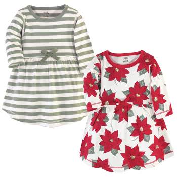 Touched by Nature Baby and Toddler Girl Organic Cotton Long-Sleeve Dresses 2pk, Poinsettia