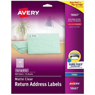 Avery Easy Peel Inkjet Return Address Labels 1/2" x 1-3/4" Clear 80 Labels/Sheet 10 Sheets/Pack