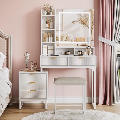 White Vanity Desk, Makeup Vanity Set with Mirror and Adjustable Lights, 5 Drawers Vanity Table with Removable Side Storage Cabinet, Stool for Bedroom