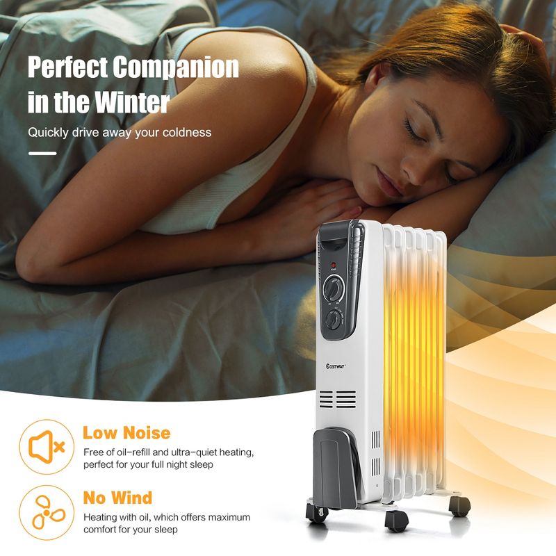 Costway 1500W Electric Oil Filled Radiator Space Heater 5.7 Fin Thermostat Room Radiant, 5 of 11