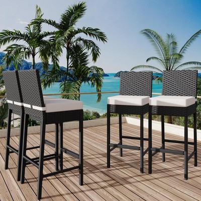 Wicker Woven Outdoor Bar Stools Set of 2/4, Rattan Patio Stools & Patio Bar Chairs Armless, Outdoor Bar Height Chair w/Soft Seat Cushion