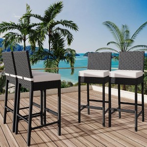 Wicker Woven Outdoor Bar Stools Set of 2/4, Rattan Patio Stools & Patio Bar Chairs Armless, Outdoor Bar Height Chair w/Soft Seat Cushion - 1 of 4