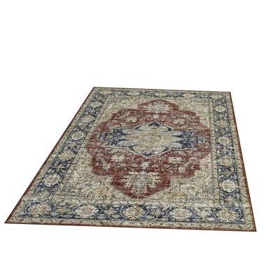 Area Rug 5x7 – Washable Ultra-Thin Low Pile Vintage Oriental Distressed Foldable Non-Slip Rug for Bedroom, Living Room & Home Office, Red