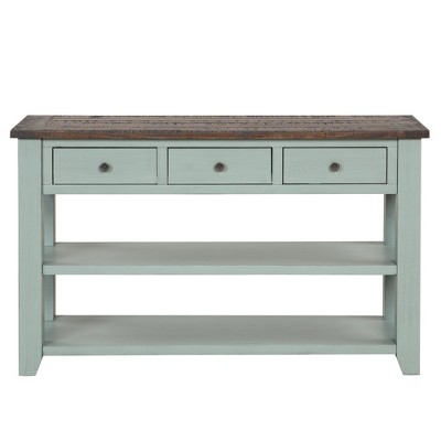 Hostack 48'' Solid Wood Top Console Table with 3 Storage Drawers and 2 Shelves,  Retro Blue and Brown Top
