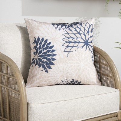 Ivory and Navy Floral Square Outdoor Throw Pillow
