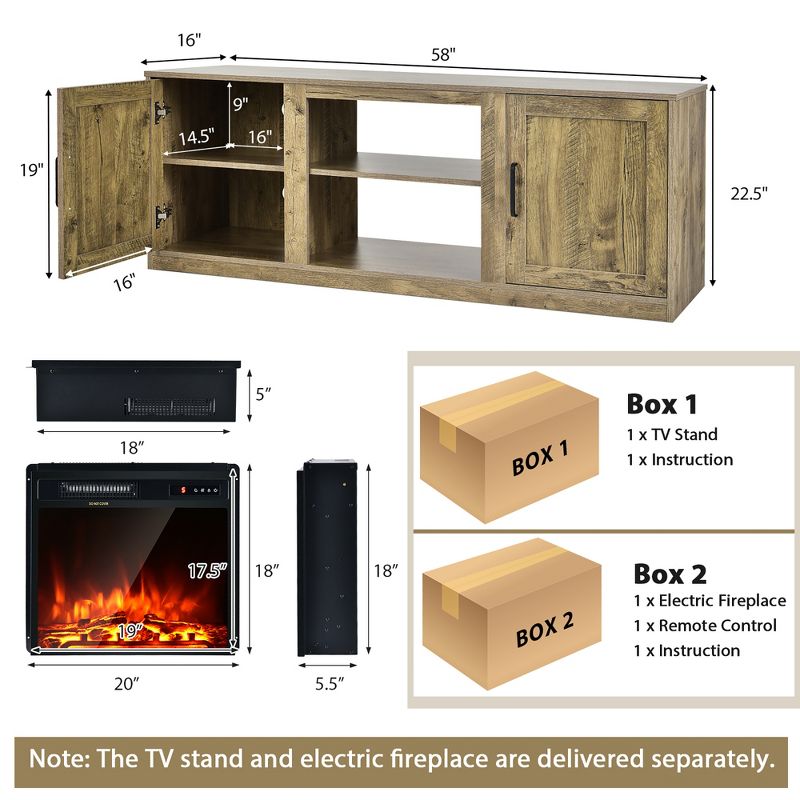 Costway 58'' Fireplace TV Stand Entertainment Console W/ 18'' Electric Fireplace, 4 of 11
