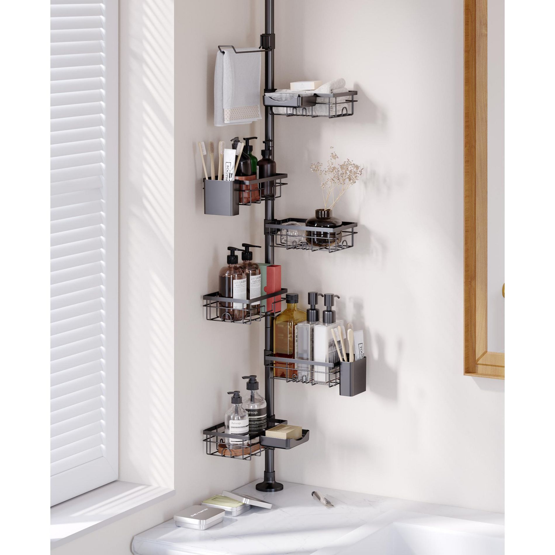 Shower Caddy Organizer Tension Pole, Rustproof 6-Pack Corner Shelf with Adjustable Height 25–132 Inch, Towel Bar & Soap Dish, Black