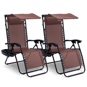 SereneLife Zero Gravity Lounge Chair, Adjustable Steel Mesh Recliners, with Canopy, Removable Pillows and Cup Holder Side Tables, Set of 2, Brown - 1 of 4