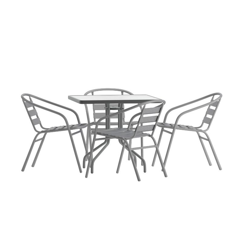 Flash Furniture Lila 31.5'' Square Glass Metal Table with 4 Metal Aluminum Slat Stack Chairs, 1 of 13