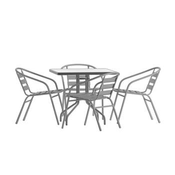 Flash Furniture Lila 31.5'' Square Glass Metal Table with 4 Metal Aluminum Slat Stack Chairs
