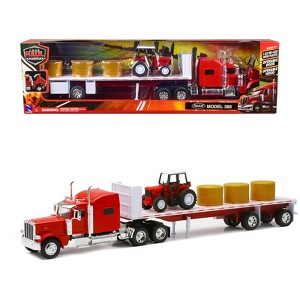 Peterbilt 389 Flatbed Truck Red with Farm Tractor Red and Hay Bales "Long Haul Trucker" Series 1/32 Diecast Model by New Ray - 1 of 4