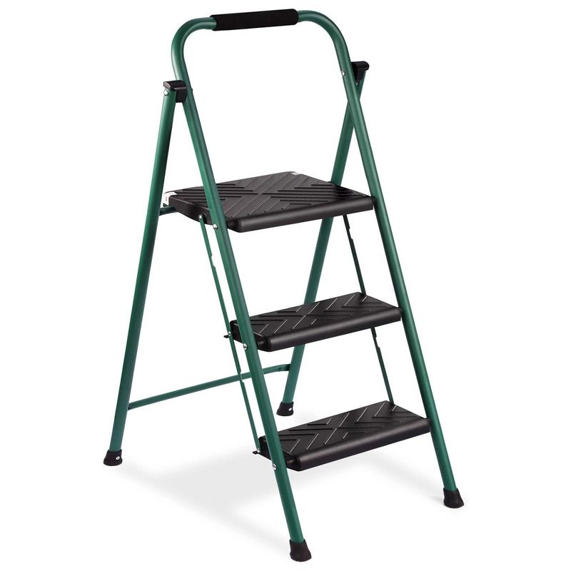Delxo Non-Slip 3 Step Stool Folding Sturdy Steel Wide Step Ladder with Hand Grip and Locking Mechanism for Indoor Household Kitchens, Green/Black, 1 of 8