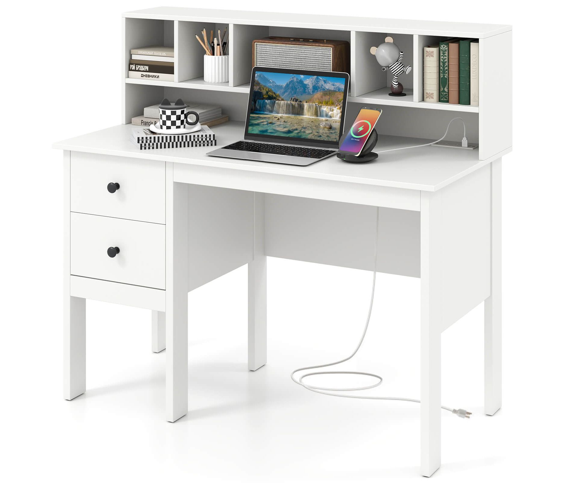 Costway Computer Desk 48" Writing Table w/ Power Outlets 5-Cubby Hutch 2 Storage Drawers White