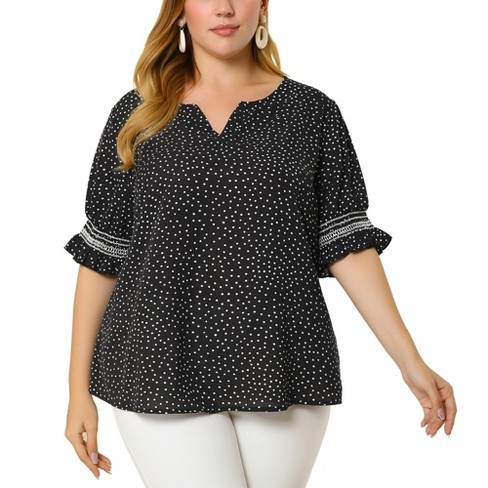 Agnes Orinda Women's Plus Size Pin Dots Smocked Floral Boho Blouses Black 2X