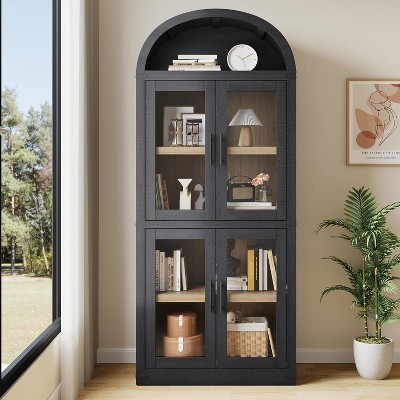 71.4in Tall Wooden Arched Bookshelf with Doors Farmhouse Rounded Bookcases for Living Room, Kitchen, Office (Black)