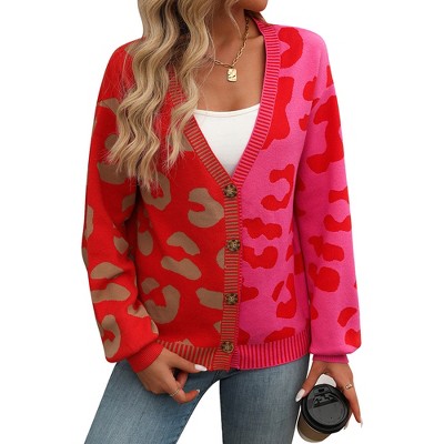 Women's Leopard Print Cardigan V Neck Long Sleeve Color Block Button Down Oversized Sweater Outwear