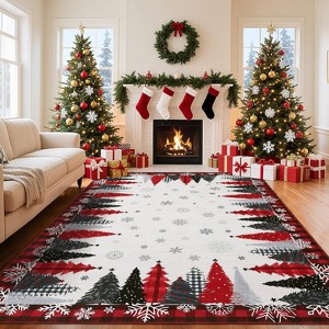 Christmas Area Rugs, Washable Buffalo Plaid Xmas Tree Merry Christmas Area Rug, Non-Slip Soft Thin Throw Carpet Non-Shedding for Living Room - 1 of 4