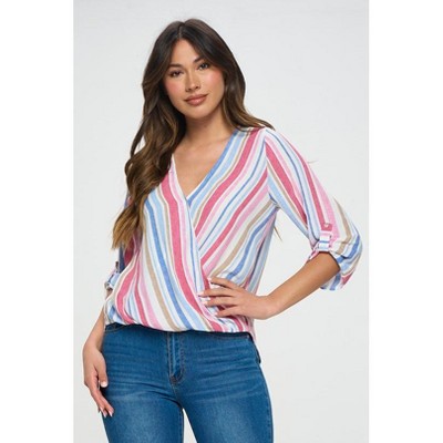 WEST K Women's Alexa Surplice V Neck Three Quarter Roll Tab Sleeve Stripe Blouse