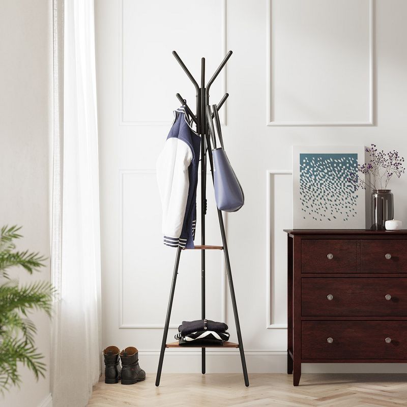 VASAGLE Coat Rack Freestanding Stand Hall Tree with 2 Shelves Brown and Black, 3 of 8