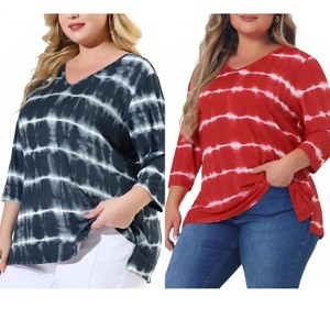 Women's Plus Size 2 Pieces Tie Dye Side Slit 3/4 Sleeve V Neck Casual Stripe Blouse - Agnes Orinda - 1 of 4