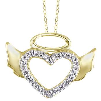 Women's Sterling Silver Round-Cut White Diamond Pave Set Angel Halo Wing Heart Pendant (18")