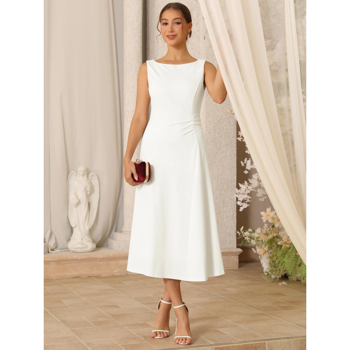 Женские платья INSPIRE CHIC Women's Formal Sleeveless Ruched High Waist A-Line Work Dresses Medium White — фото 3