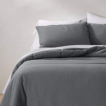 3pc Full/Queen Space Dyed Cotton Linen Duvet Cover & Sham Set Dark Gray -  Threshold™