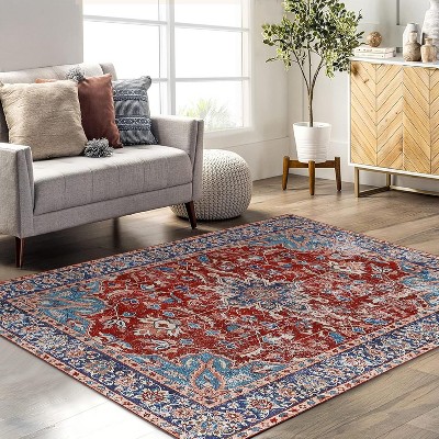 Acekool 2x6 Vintage Blue Washable Runner Rug, Non-Slip Oriental Medallion Low Pile Accent Carpet for Hallway, Entryway, Kitchen