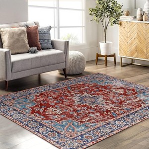 Acekool 2x6 Vintage Blue Washable Runner Rug, Non-Slip Oriental Medallion Low Pile Accent Carpet for Hallway, Entryway, Kitchen - 1 of 4