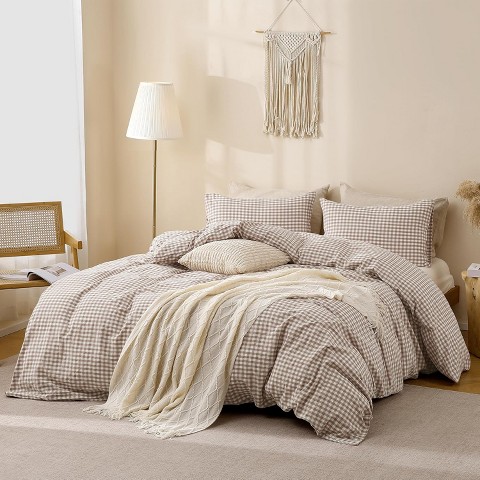 Der Rose BALHAM TRADE-3 Piece Queen Size Tan Gingham Duvet Cover Bedding Set (Comforter Not Included) Tan Gingham-Queen 90"x90"