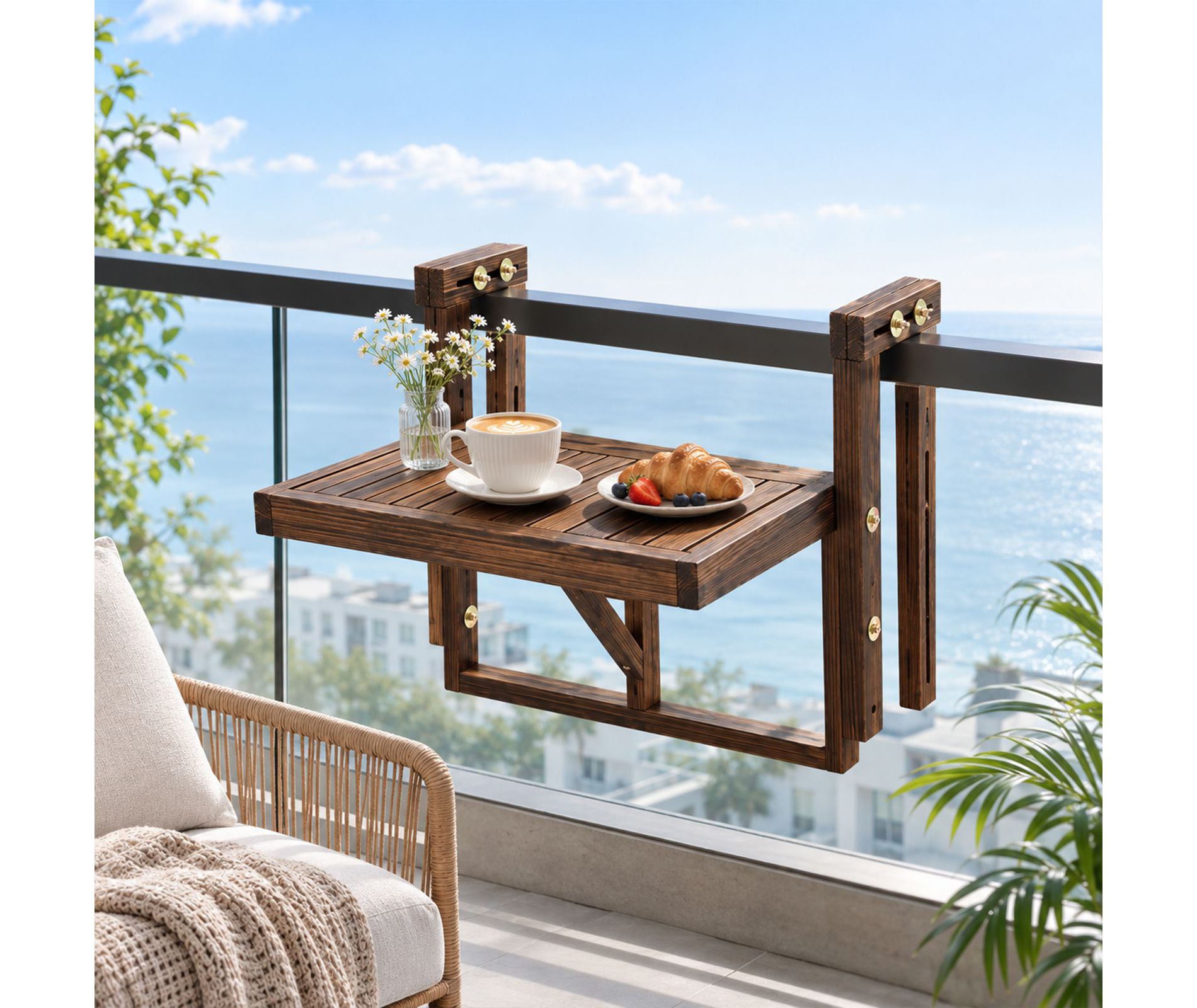 Karl Home |25-Inch Carbonized Foldable Fir Wood Balcony Hanging Table