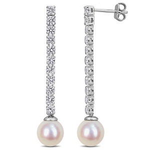 EVERLY JEWELRY | Sterling Silver 2 5/8 CT TGW Created White Sapphire And 8 - 8.5 MM White Freshwater Cultured Pearl Fashion Post Earrings - 1 of 4
